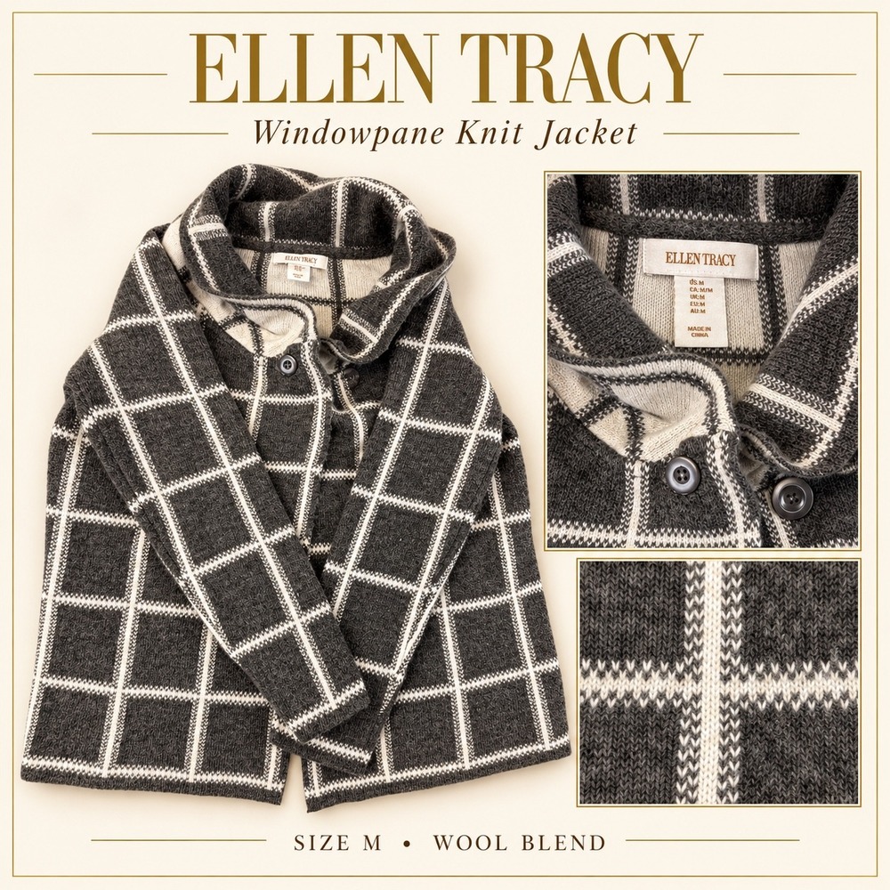 Ellen Tracy Womens Gray Wintercore Plaid Hooded Wool Blend Cardigan Sweater Med